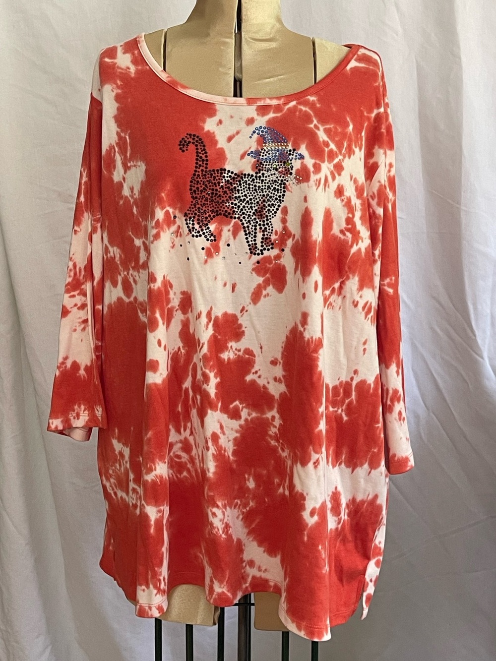 NWT Quacker Factory 3/4 Sleeve Orange & White Tie-dyed Tunic with Sparkle Cat